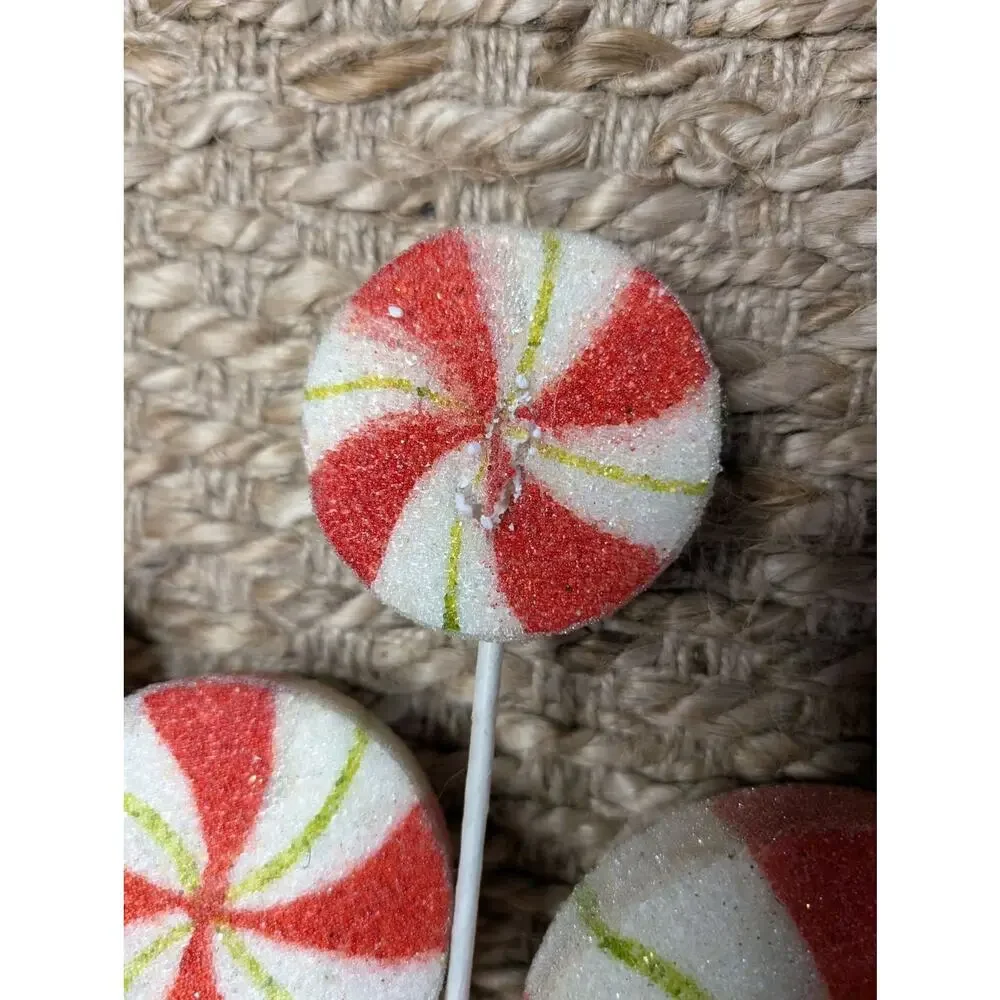 5 Frosted Red & White Peppermint Swirl Picks Holiday Christmas Decor, 16